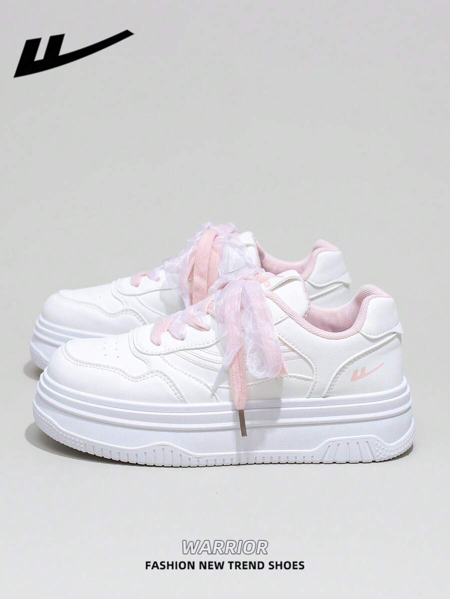 1双 WARRIOR 女士厚底系带软底休闲鞋，低帮户外平底鞋，圆头低跟防滑纯色优雅软底徒步鞋，适合学生、毕业照、平底鞋、女士低帮皮质运动滑板鞋 - 白/粉紅 - 查看 1