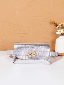 Mini Diamond Embossed Buckle Leather Waist Bag - Silver - View 8