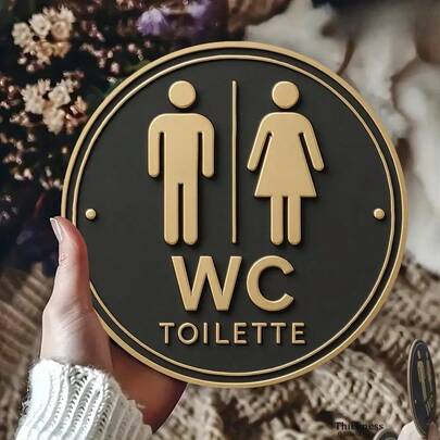 1pc Modern German Toilet Sign Round Wooden Wall Plaque, Multifunctional Front Door Wreath Art, No Power Needed, Bathroom Door Sign | Modern Bathroom Signage