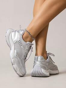 1 Pair Women's Thick Sole Chunky Sneakers, All Season, Flat Mesh Round Toe Versatile Gray Retro Casual Shoes, Outdoor Lace-Up Fashion Athletic Shoes - Grey - View 3