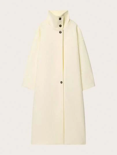 Solid Color Wool Blend Stand Collar Long Trench Coat, Autumn/Winter