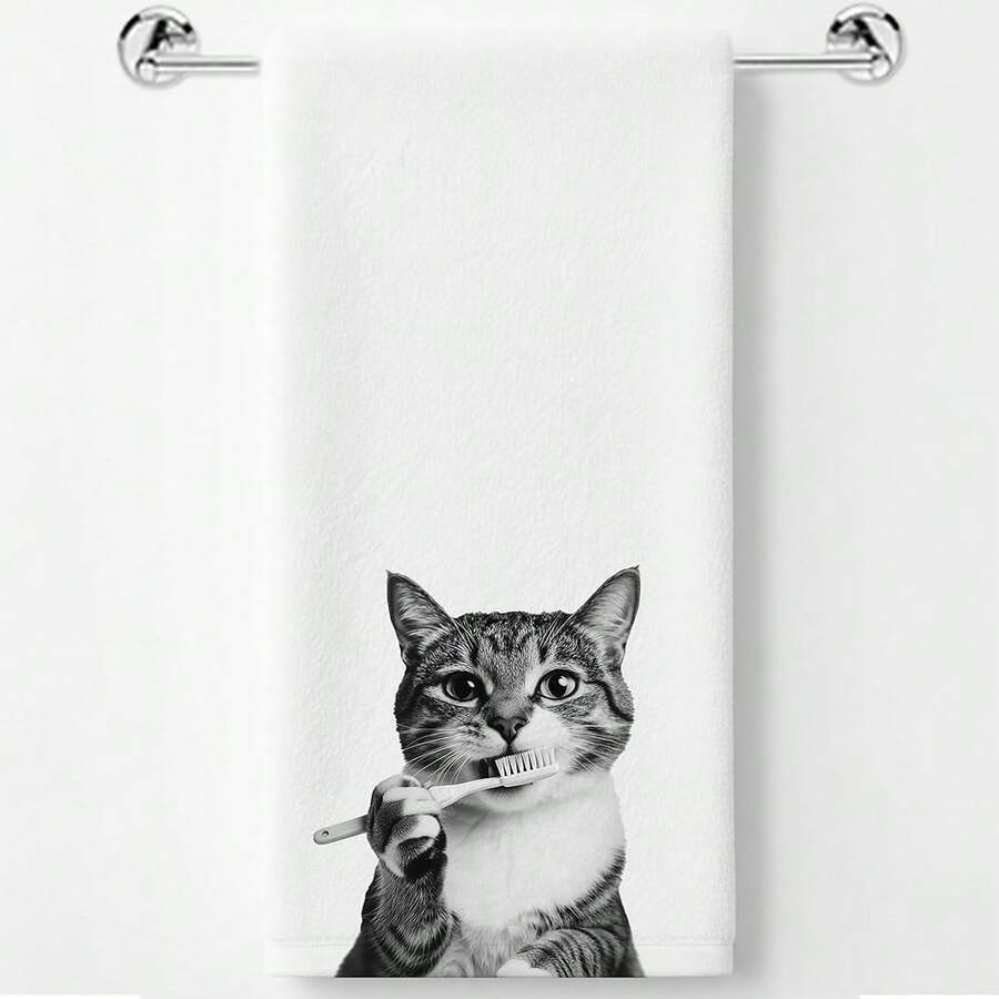 Funny Cat Lover Gifts Hand Towels–Upgraded Fabric, Cute Cat Brush Teeth Hand Towels For Bathroom Washroom Restroom Decor, Cats Gifts For Women, 16x24 Inch - 升級版棉毛巾-Cat01 - 查看 1