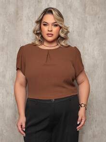 ONLYONE - PLUS SIZE WOMEN'S BLOUSE, SHORT SLEEVE, PRINCESS, PLEATED NECKLINE, LIGHT DUNES - ELEGANT WOMEN'S BLOUSES, LARGE - 鏽棕色 - 查看 1