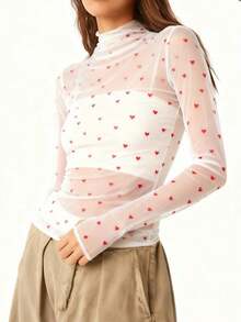 Valentines Day Sheer Mesh Long Sleeve Layering Top For Women Sexy Mock Neck Heart Print Lace T-Shirt See Through Shirt Blouse Casual Going Out Tees Top Streetwear - Đỏ - Xem 1