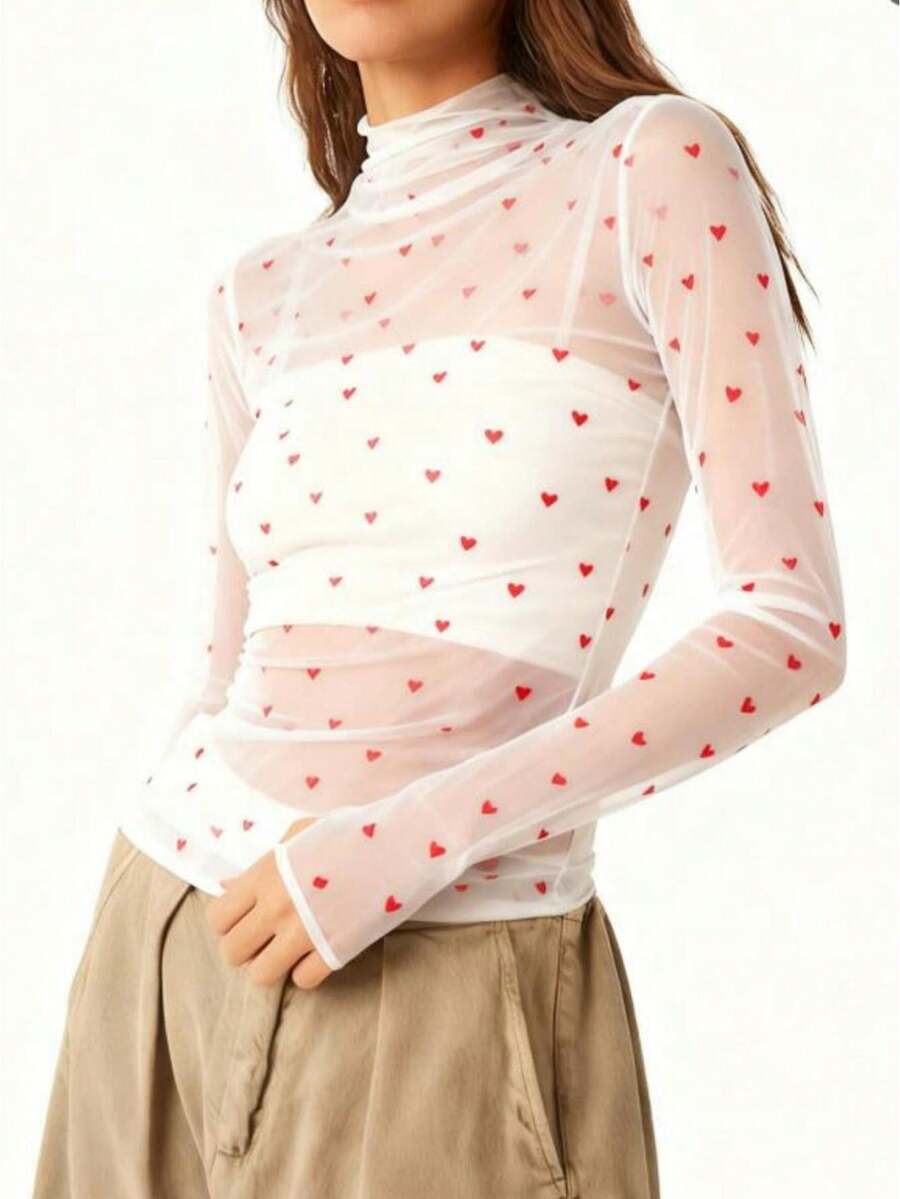 Valentines Day Sheer Mesh Long Sleeve Layering Top For Women Sexy Mock Neck Heart Print Lace T-Shirt See Through Shirt Blouse Casual Going Out Tees Top Streetwear - Đỏ - Xem 1