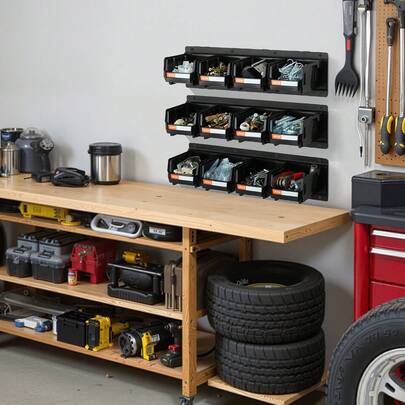 Wall Mounted Storage Bins, 12 Plastic Bins & 3 Metal Rails, Plastic Hanging Stackable Storage Bin For Screws, Nuts, Bolts, Nails, Hardware Tool Organizer For Workshop, Craft Room, Garage, Black