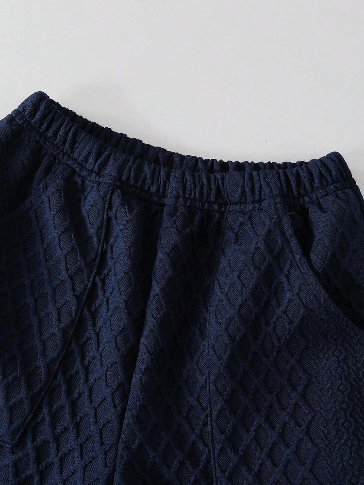 2pcs/Set Young Boy Casual Striped Jacquard Applique Ribbed Short Sleeve Polo T-Shirt And Shorts Set, Suitable For Summer Casual Outings - Navy Blue - View 7