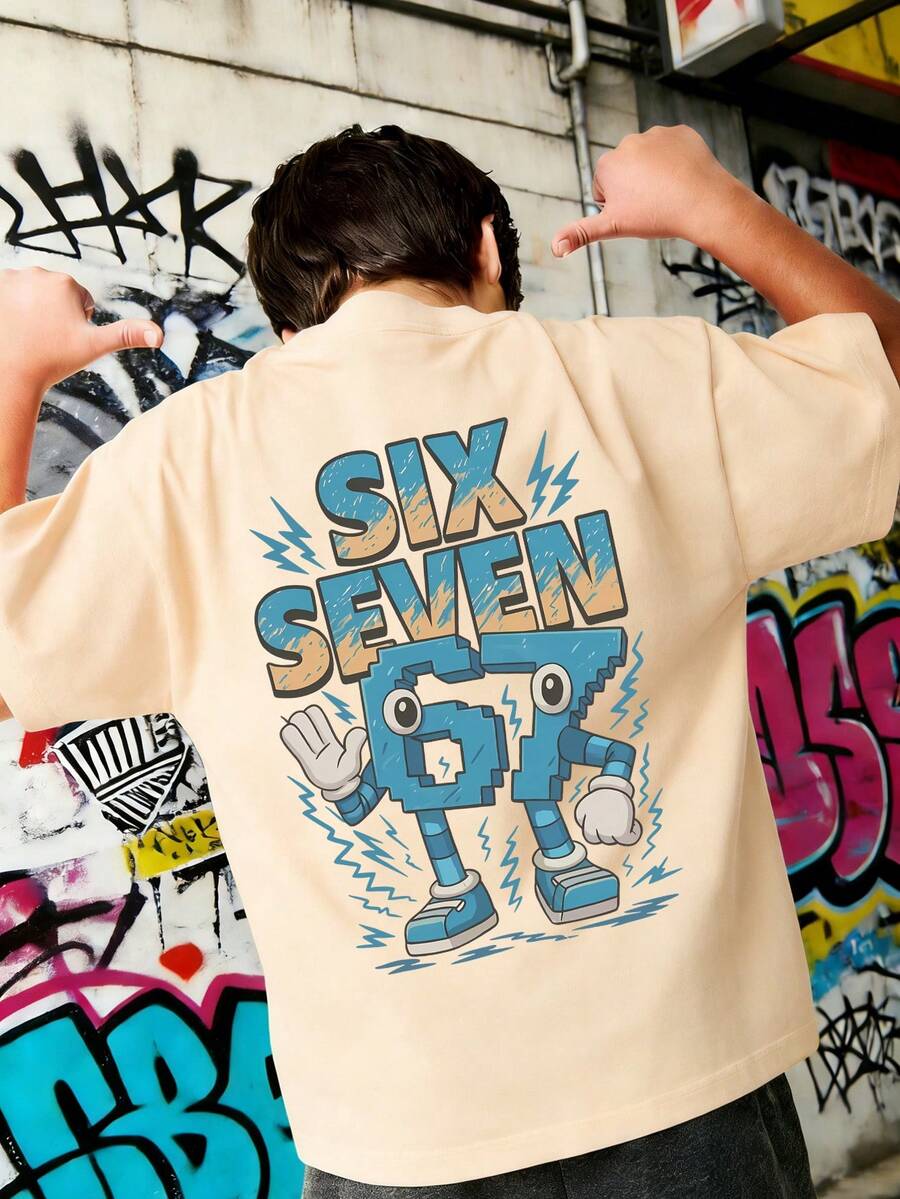 青少年男孩“意大利大脑搞笑数字67表情包”图案T恤，时尚男童夏季短袖T恤，适合休闲、上学和街头穿着。