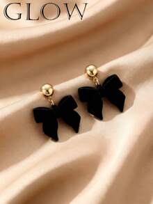 1 Pair Black Plush Bow Metal Earrings, Cute, Sweet, Gentle, Retro, Fashionable, Elegant Style, Suitable For Young Girls To Wear On New Year, Christmas, Daily Occasions And Festivals - Black - View 1