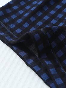 两件套舒适格子印花口袋刺绣鸭领短袖上衣和蝴蝶结短裤女士睡衣套装，家居服 - 寶藍色 - 查看 7