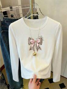 女士Y2K休闲时尚街头风日常通勤豹纹蝴蝶结标语长袖褶皱修身短款T恤，适合节日、情人节、度假、狂欢节、办公室等各种场合。 - 白色 - 查看 4