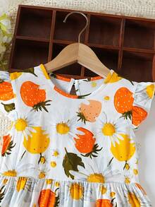 Girls' Strawberry Print Ruffle Sleeve Dress, Summer New Arrival Children's Clothing - Orange - View 3