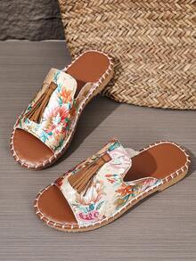 女士流苏装饰平底凉鞋，沙滩防水拖鞋，女士防滑户外时尚百搭凉鞋 - 彩色 - 查看 3