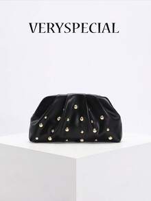 1pc High-End European Punk Style Heavily Embellished Metal Stud Ruched Cloud Clutch Bag, Fashion Women's Handbag With Chain Strap Suitable For Daily Commute And Formal Occasions - Multicolor - View 12