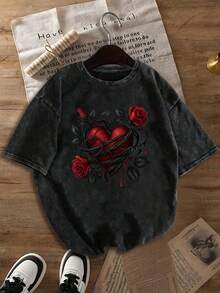 Áo thun nữ mùa hè bằng cotton đã giặt, in họa tiết ngộ nghĩnh phong cách đường phố, với họa tiết "Gai và hoa hồng đỏ, gai quấn vào trái tim", thời trang nữ retro Hàn Quốc thoải mái, đa năng phong cách Y2K, áo thun dáng rộng phong cách đường phố cá tính phong cách punk Y2K, áo thun ngắn tay nữ có thể giặt, màu đen thường ngày - màu đen - Xem 2