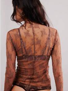Women's Sheer Lace Mesh Top, Fashionable Slim Fit Long Sleeve Faux Collar Floral Blouse, Casual Outing T-Shirt - 棕色 - 查看 3
