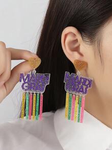 一对手工制作的亚克力闪光心形嘉年华字母吊坠耳环，适合女性和女孩，适合水上活动、嘉年华派对，可作为配饰和珠宝佩戴。 - 彩色 - 查看 2