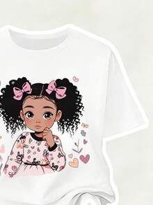 少女卡通人物印花短袖T恤和前开衩喇叭裤套装，适合春、夏、秋季日常休闲穿着。 - 白色 - 查看 6