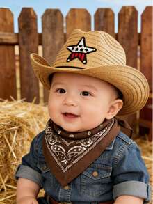 Nouveau set de chapeau et écharpe pour bébé thème western - Chapeau + bandana imprimé, tenue de bébé style western, convient pour séance photo de style INS, célébration des 100 jours, port quotidien, accessoires photo pour nouveau-né - Multicolore - Voir 7