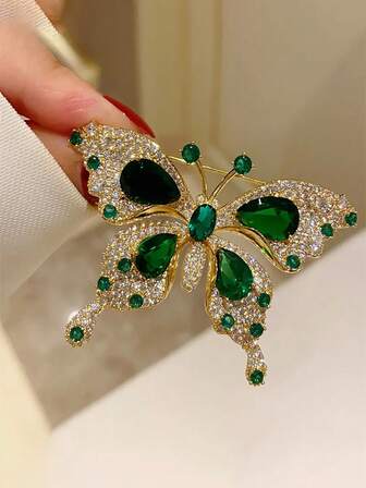 1pc Women's Elegant Vintage Green Butterfly Brooch - Luxury Alloy With Cubic Zirconia And Rhinestones, Suitable For Parties, Gifts, Weddings, And Photoshoots