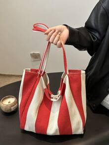 2026 New Retro Style Striped Canvas Bag, Large Capacity, Versatile Use, For Work, School And Outdoor Activities, Can Be Used As A Backpack - Red - View 3