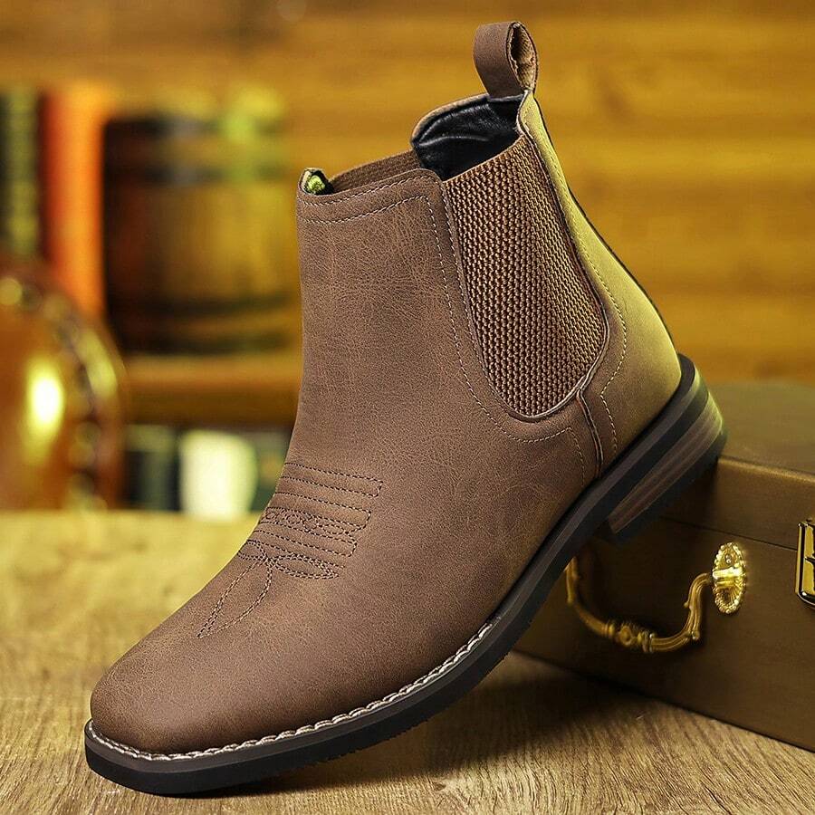 Men's Chelsea Short Boots; British Retro Fashion Printed Leisure Shoes - màu nâu - Xem 1