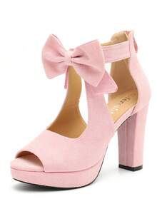 Women's Bow Chunky Heel Sandals Platform Peep Toe Ankle Strap Zip Dress Shoes - Hồng - Xem 13