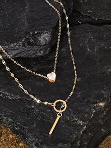 1 件金色 Y 形设计多层项链，细节饰有水钻和人造珍珠，适合女性日常佩戴、友谊礼物、宴会派对（手工链条切割成合适的尺寸，珍珠数量可变，水钻尺寸可变） - 金色B - 查看 1