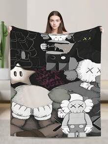 1pc Kawss Kawaii Kaw Anime Glam Style Flannel Blanket Super Soft Warm Bed Blanket Sofa Bedding Bedroom Sofa Office Car Four Seasons Cozy Shaggy Blanket Girls Boys Adult Gift - màu đen - Xem 2
