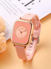 Set de 6 piezas de reloj de cuarzo cuadrado minimalista y pulsera, collar, aretes y anillo con mariposa rosa, correa de silicona, regalo ideal para el Día de San Valentín, versátil para uso diario - Rosa - Ver 2