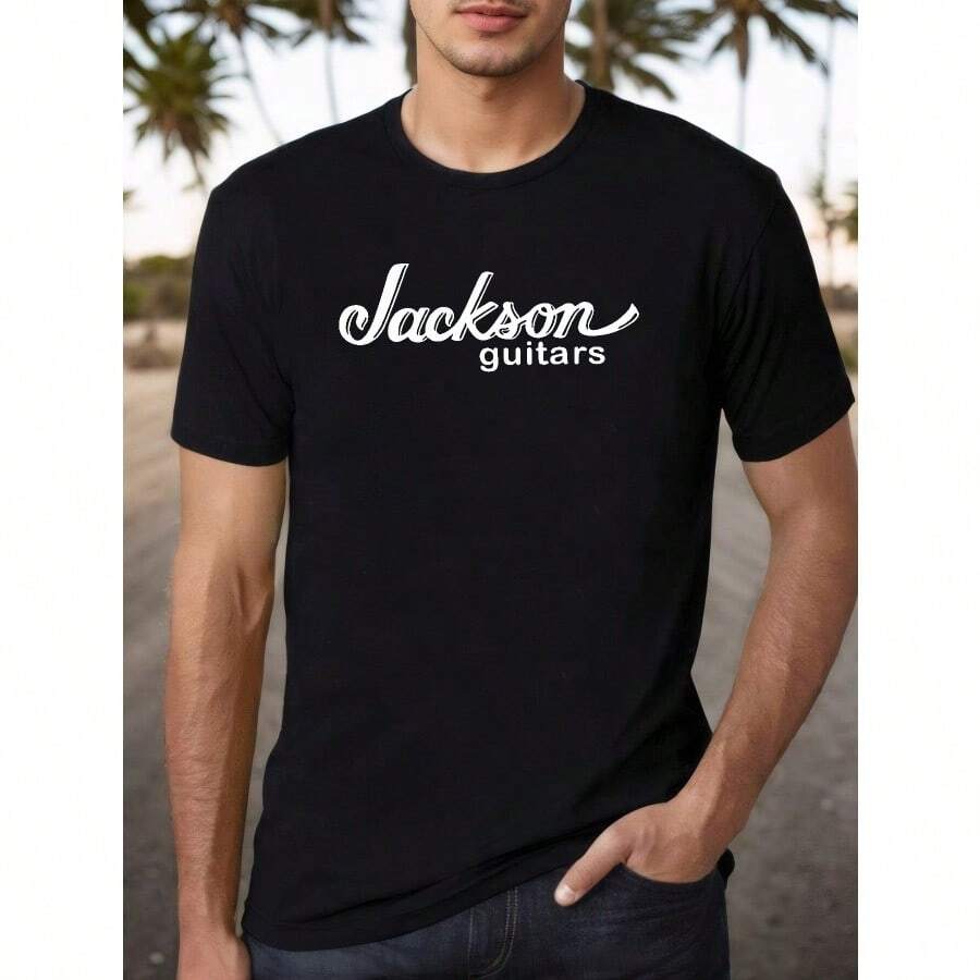 Chic Comfort Men's Jackson Guitars Graphic Cotton T-Shirt - Soft Lightweight Music-Inspired Design, Black With White Lettering, Regular Fit Short Sleeve For Casual & Outdoor Wear, All-Season Comfort, Machine Washable, Music Fan Apparel | Musicthemed Apparel | Soft Texture Shirt - 黑色 - 查看 1
