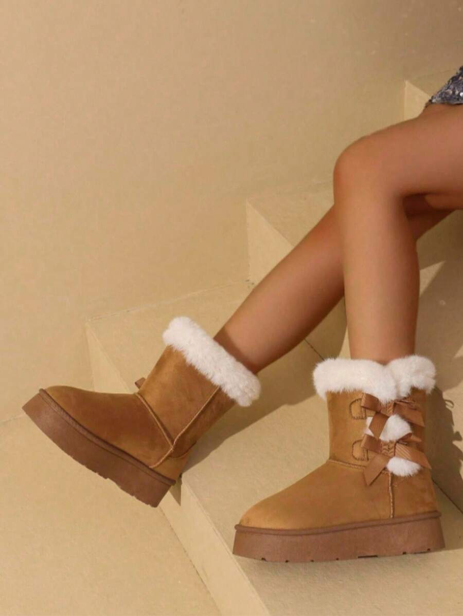 Women's Fashion Versatile Patchwork Metal Buckle Zipper Solid Color Round Toe Short Ankle Buckle Strap Chunky Heel Short Boots, Fashionable Casual Daily Wear, Suede, Autumn/Winter,Fur Boots - 棕色 - 查看 1