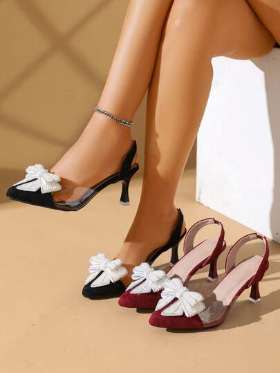 Women's Solid Color Bow Tie Backstrap High Heel Shoes, Casual Party Wedding Formal High Heels