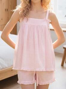Women's Plaid Shorts Outfit Loose Fit Stylish Bows Ruffled Trim Spaghetti Strap Tops And Shorts 2 Pcs Set - Pink - View 4