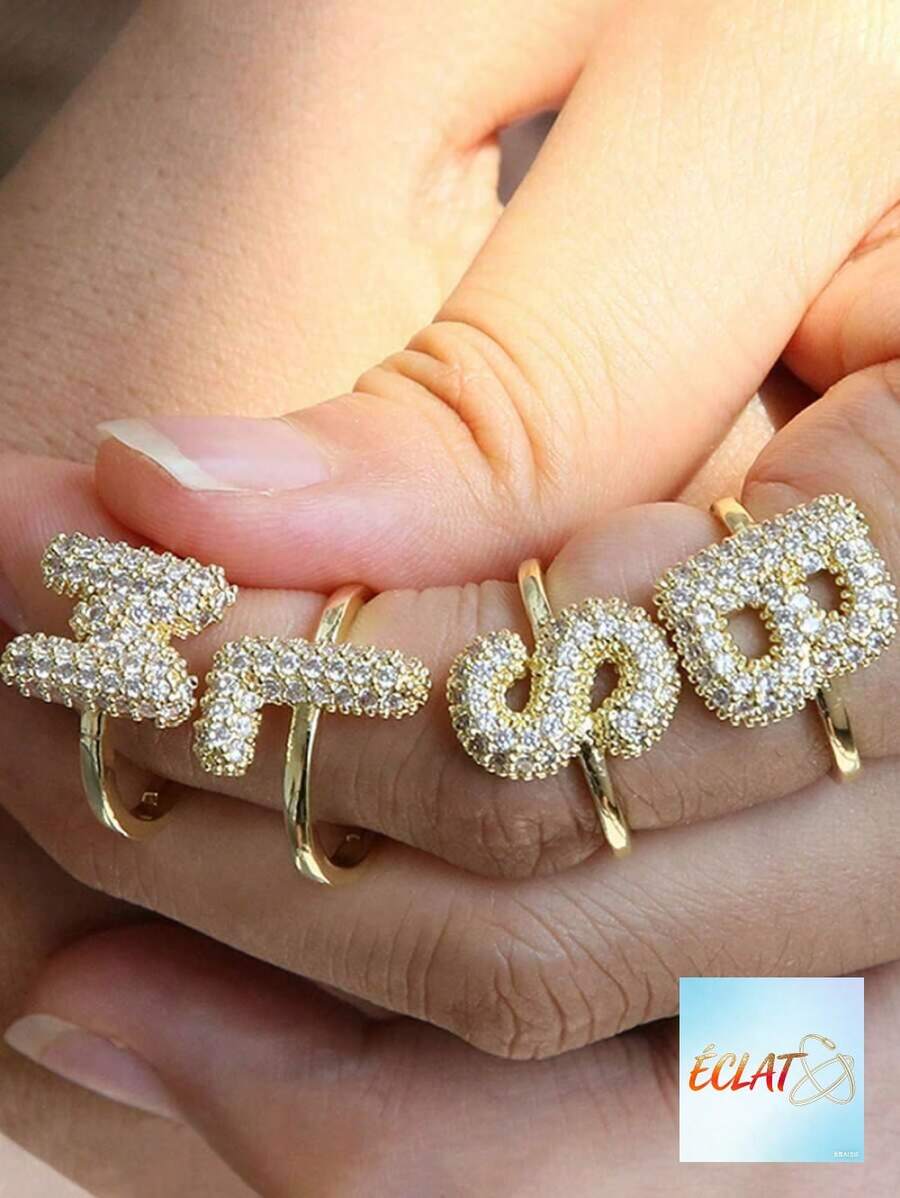 Women's Gold-Plated Zirconia 26 Letters Ring – Cute Bubble Balloon Style |   Open Adjustable Design |   Perfect Wedding & Gift Accessory HFYR - 黃金2 - 查看 1