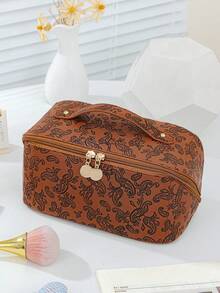 1 PC Dark Brown Paisley Handbag With A Sophisticated Feel Make Up Bag,Fashionable And Casual Large Capacity Portable Zipper Makeup Bags,Travel And Vacation Essentials Cosmetic Bags For Sanitary Napkins,Pouch Pads,Wired Earphones - 亮橙色 - 查看 12