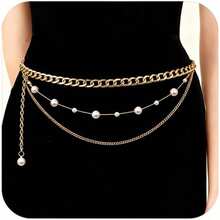 Chain Belt Chain Silver Chain Belt Gold Chain Belt With Chain Sunflower Butterfly Waist Chain Belt Plus Size Long - C1 - 珍珠 - 金 - 查看 1