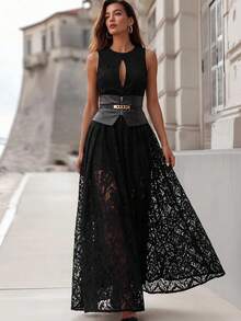 Vuslat 女士性感优雅蕾丝无袖黑色长款连衣裙 - 正面镂空宽腰带，适合情人节、派对、办公室、通勤、商务休闲等场合的正式晚礼服 - 黑色 - 查看 5
