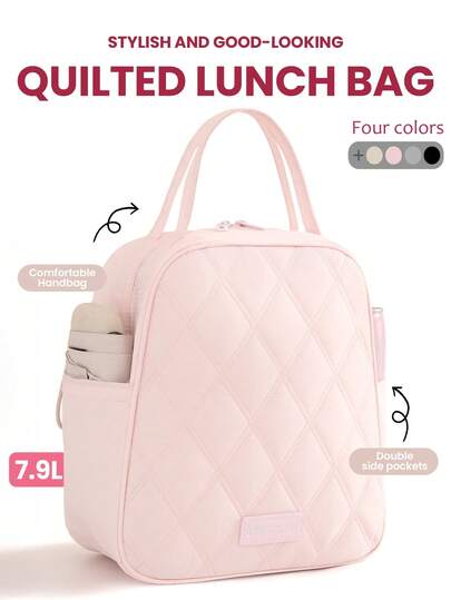 1pc Solid Color Cute Quilted Insulated Lunch Bag, Suitable For Students, Office Workers, Boys, Girls And Adults, Waterproof And Soft, Large Capacity, Suitable For Picnics, Reusable Lunch Tote Bag With Waterproof And Portable Design