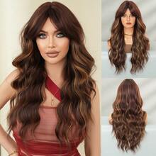 7JHH WIGS Brown Blonde Wig Long Loose Wavy Wig Middle Part With Curtain Bangs Dark Roots Natural Looking Synthetic Heat Resistant Fiber Hair Wigs For Women Daily Party Rave Use 26 Inch - 金色 - 查看 12