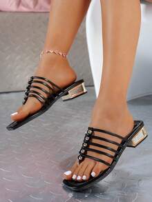 Women's New High Heel Sandals With Criss-Cross Straps, Suitable For Daily Casual Wear, Black Open Toe Low Heel Comfortable Slippers - Black - View 3