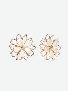 Opalesca 1 paire de boucles d'oreilles de style vacances pour femmes, en forme de fleur à cinq feuilles avec une conception florale à double couche ajourée et trempée dans l'huile blanc - Blanc - Voir 4