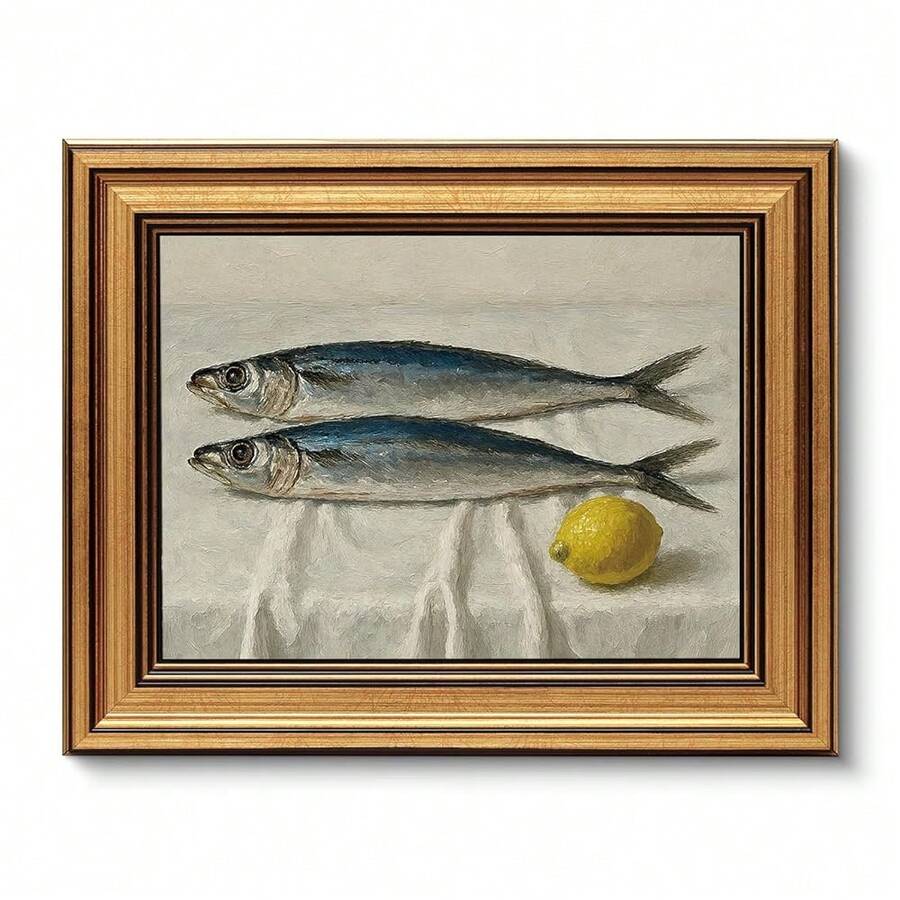 VIYYIEA Vintage Gold Framed Wall Art For Living Room, Salted Fish Canvas Prints Home Decor, Oil Painting Picture, Bedroom Wall Decor Gifts For Friends Or Family -[Salted Fish & Lemon]-(10L X 8W) - [鹹魚檸檬] - 查看 1