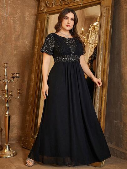 Plus Size Women's Round Neck Regular Short Sleeve Sequin Patchwork Flared Chiffon Evening Party Dress