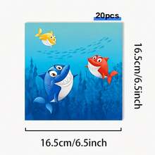 50件套海底世界动物鲨鱼主题一次性餐具套装，包含一次性餐盘、餐巾纸和纸杯，非常适合情人节、露营、露台烧烤、野餐、婚礼、派对和生日、休闲聚会、下午茶等场合，也适合作为派对装饰和生日装饰。