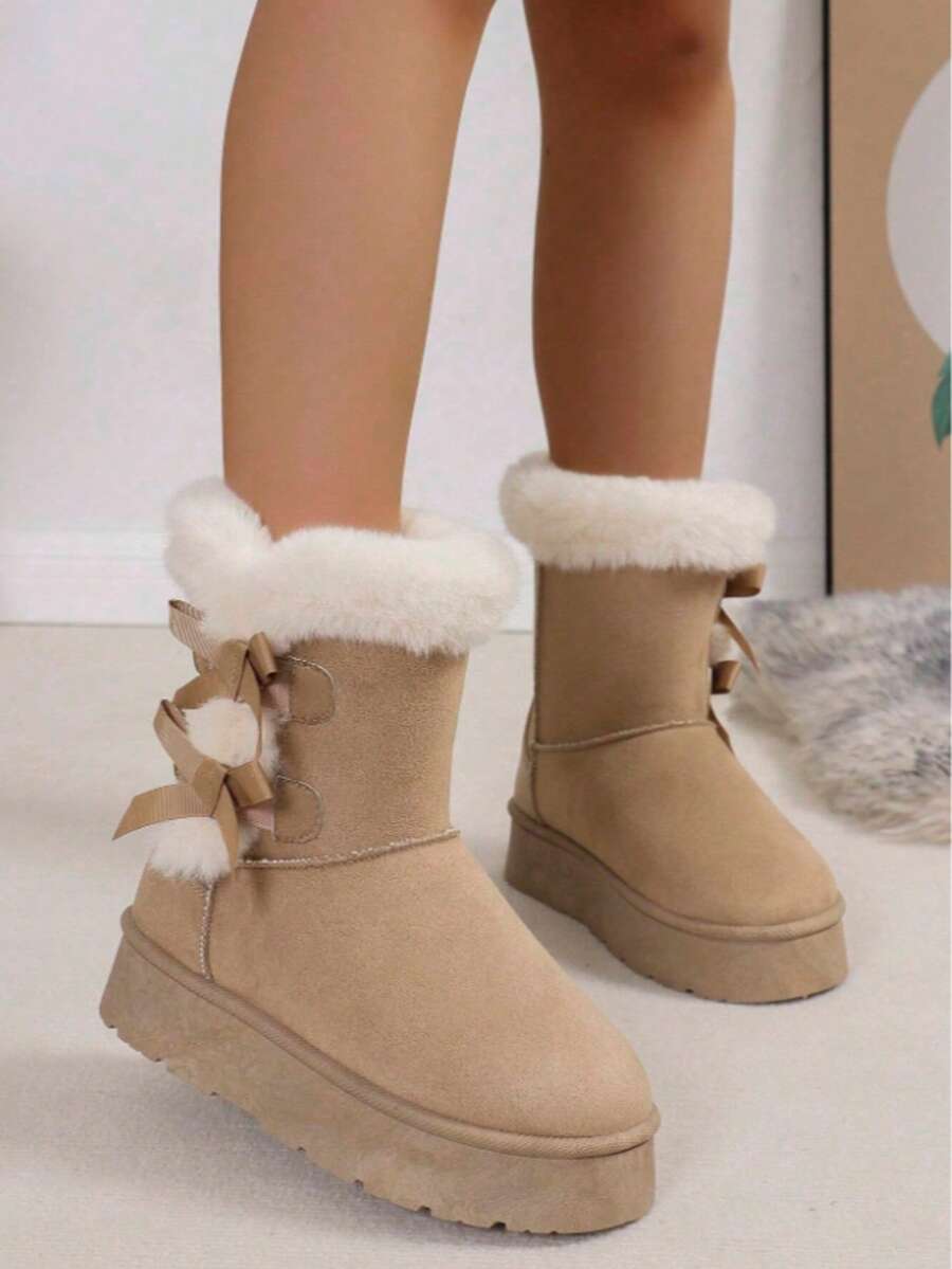 Women's Fashion Versatile Patchwork Metal Buckle Zipper Solid Color Round Toe Short Ankle Buckle Strap Chunky Heel Short Boots, Fashionable Casual Daily Wear, Suede, Autumn/Winter,Fur Boots - 米色 - 查看 1