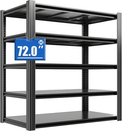 72" H Metal Storage Shelving, 3000LBS Heavy Duty Shelves Unit, Adjustable 5 Tier Storage Rack, Industrial Utility Shelf For Garage, Warehouse, Bedroom, Kitchen,24" D*48"W*72"H, Black