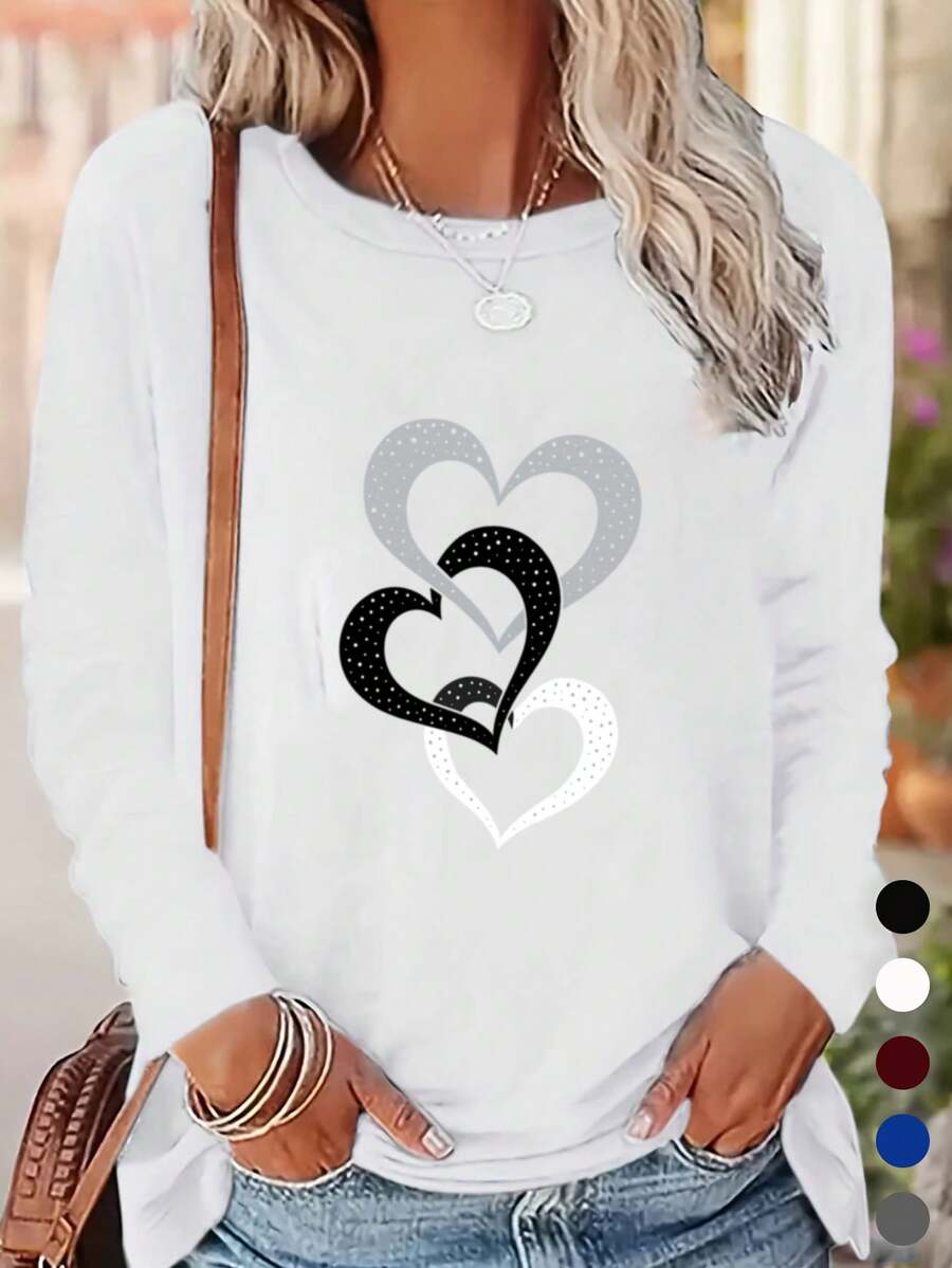 Women's Vintage Heart Print Long Sleeve T-Shirt - Soft Asymmetric Round Neck Blouse, Medium Stretch Casual & Dressy Top For Spring Summer Fall, Machine Washable Elegant Special Line Tunic For Jeans/ Dresses/ Skirts (Not See-Through),Valentine Outfits For Women - 白色 - 查看 1