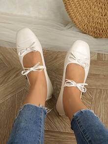 Giày lười nữ mũi vuông thanh lịch tối giản với nơ trang trí, màu be, đế mềm chống trơn trượt, đa năng. - Màu be - Xem 2