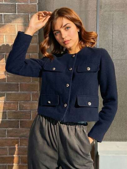 TRAFZA Women's Elegant Casual Tweed Jacket, Spring Round Neck Decorative Long Sleeve Solid Color Coat